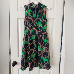 Sail to Sable 100% Silk Navy Dress with Green Horse Print